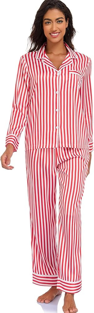 Women's Satin Pajama Set Long Sleeve Button Down Sleepwear 2-Piece Silky Pj Set | Amazon (US)
