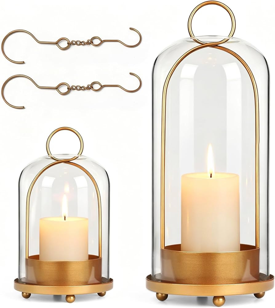 5"&4" Hurricane Glass Candle Holder Set - Metal Frame with Glass Chimney, Hanging Brass Metal Can... | Amazon (US)
