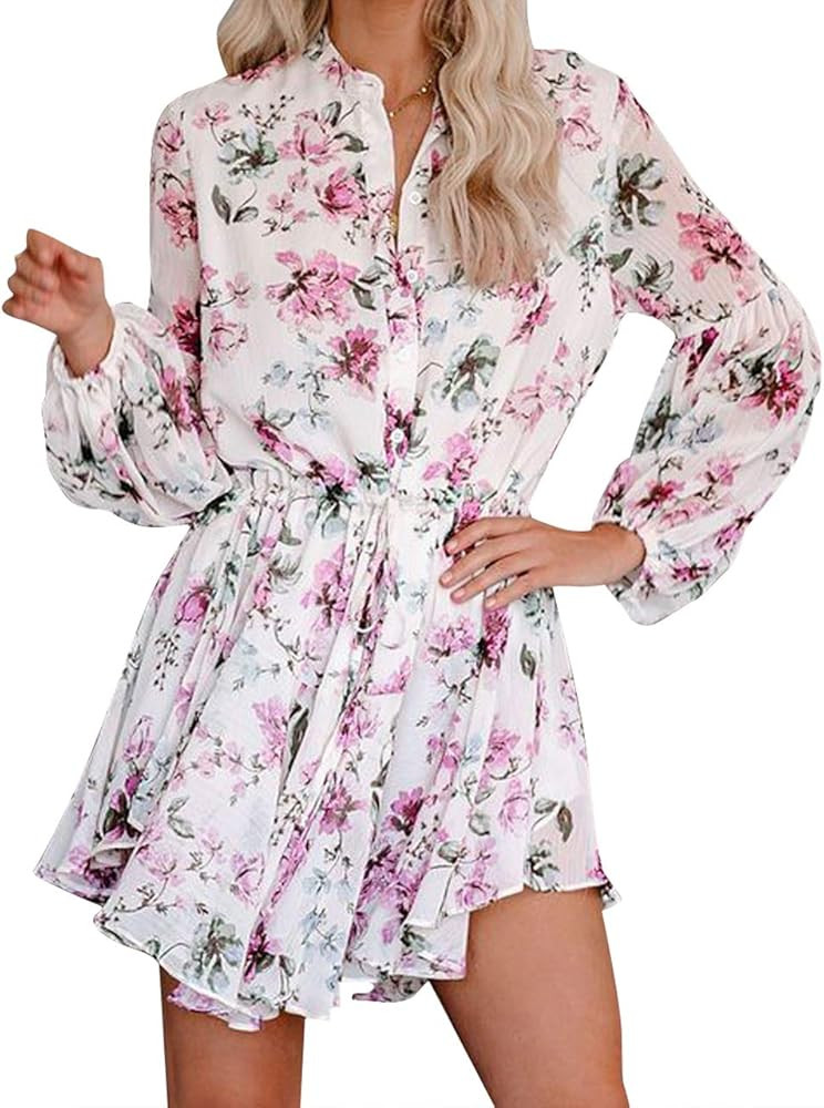 Clarisbelle Women's Long Sleeves Button up Tie Waist Floral Chiffon Dress | Amazon (US)