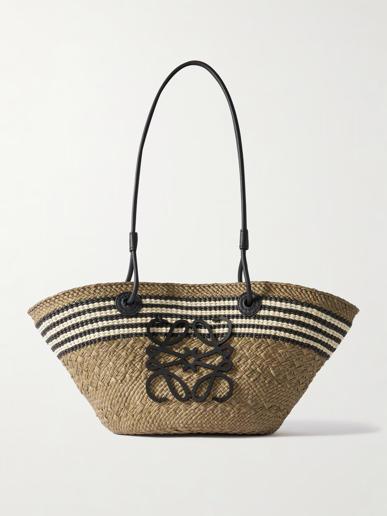 LOEWE - + Paula's Ibiza Anagram Basket Small Leather-trimmed Striped Raffia Tote - Green | NET-A-PORTER (US)