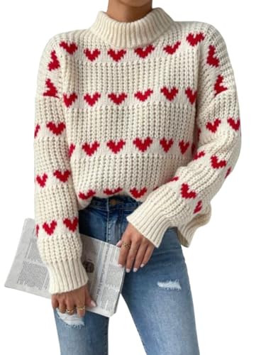 ebossy Women's Cute Heart Cable Knit Pullover Mock Neck Long Sleeve Loose Sweater Top | Amazon (US)
