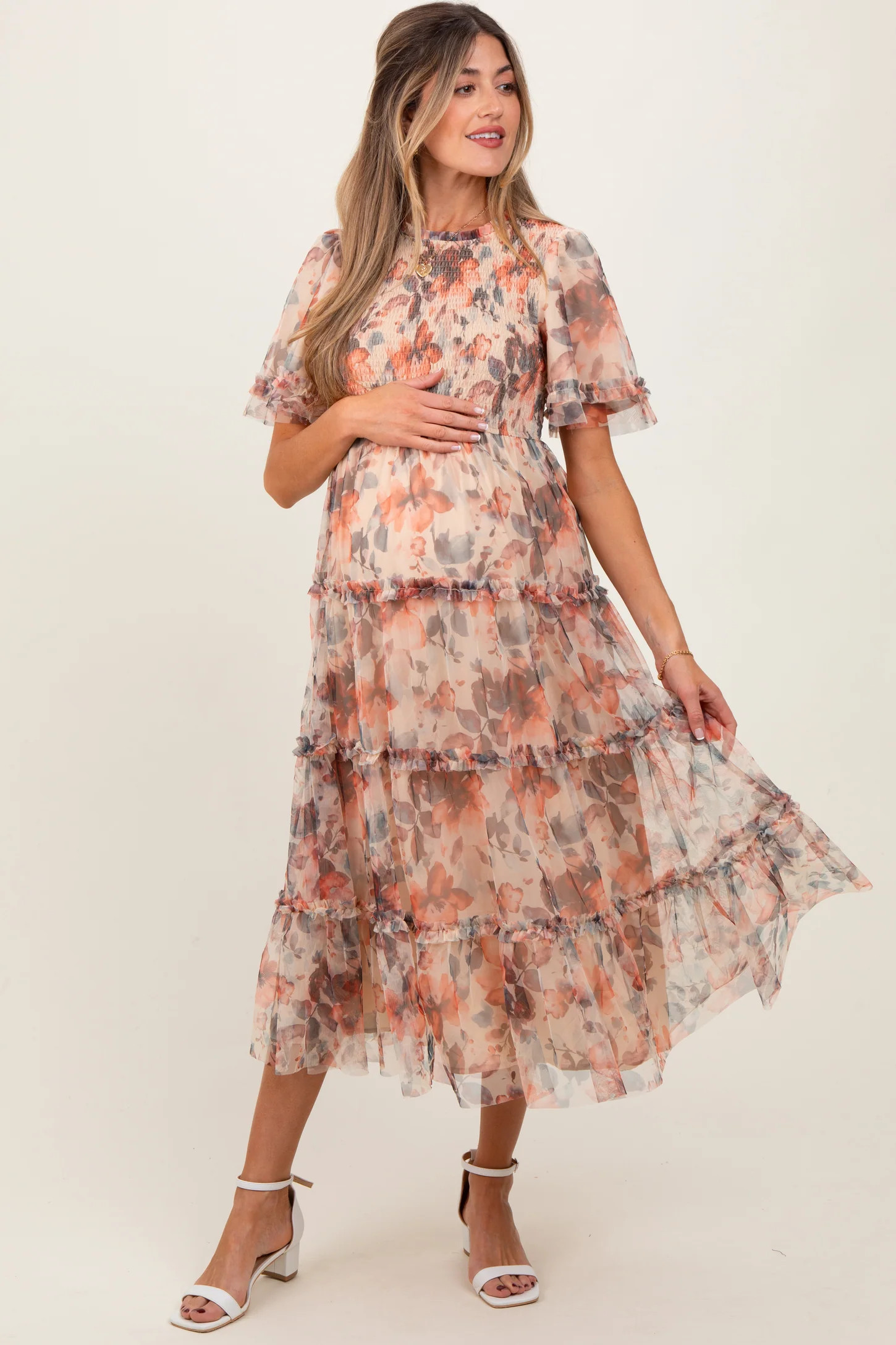 Peach Floral Mesh Smocked Maternity Midi Dress | PinkBlush Maternity
