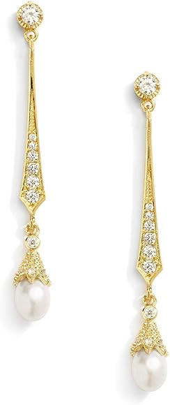 Mariell Gold Freshwater Pearl Cubic Zirconia Dangle Earring for Brides, Prom, Wedding, Birthday G... | Amazon (US)