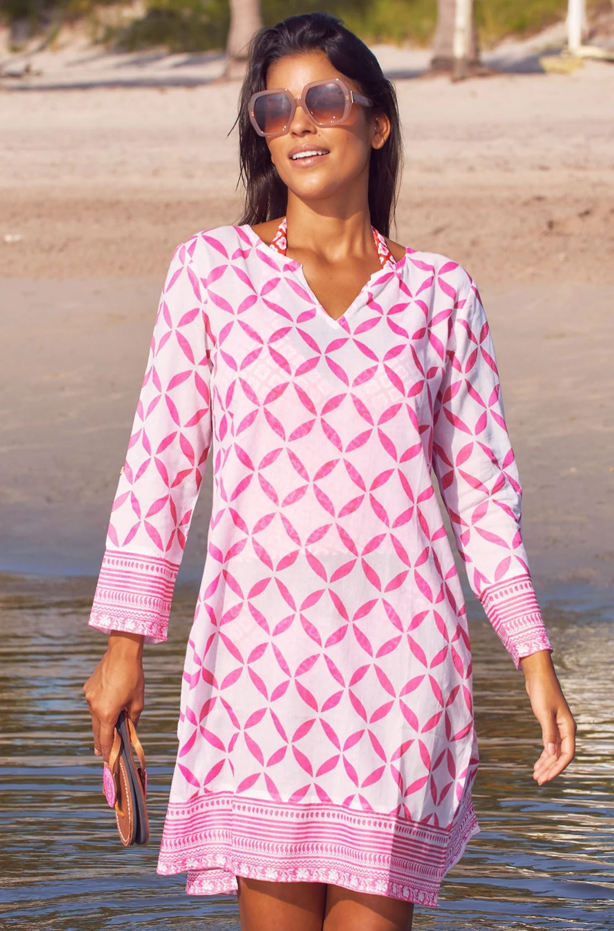 Guadalupe Short Organic Cotton Tunic | Shibori White/Pink | Aspiga