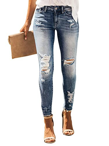 KUNMI Women's Ripped Skinny Slim Fit Jeans Frayed Distressed Stretchy Denim Pants | Amazon (US)