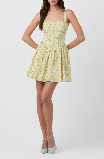 ASTR the Label Ruched Bodice Cotton Dress in Yellow Floral at Nordstrom Rack, Size Large | Nordstrom Rack