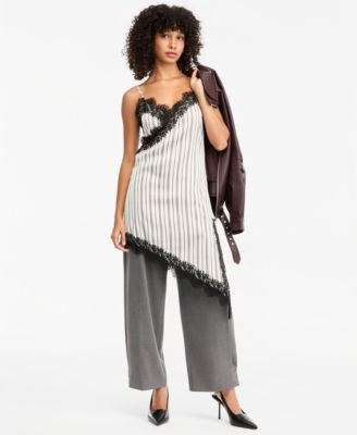 Bar Iii Women's Pinstripe V-Neck Lace-Trim Satin Dress, Macy's Exclusive - White/Black Combo | Macy's