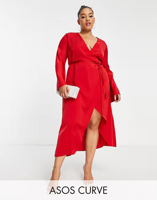ASOS DESIGN Curve bias cut satin wrap dress with tie waist in red | ASOS (Global)