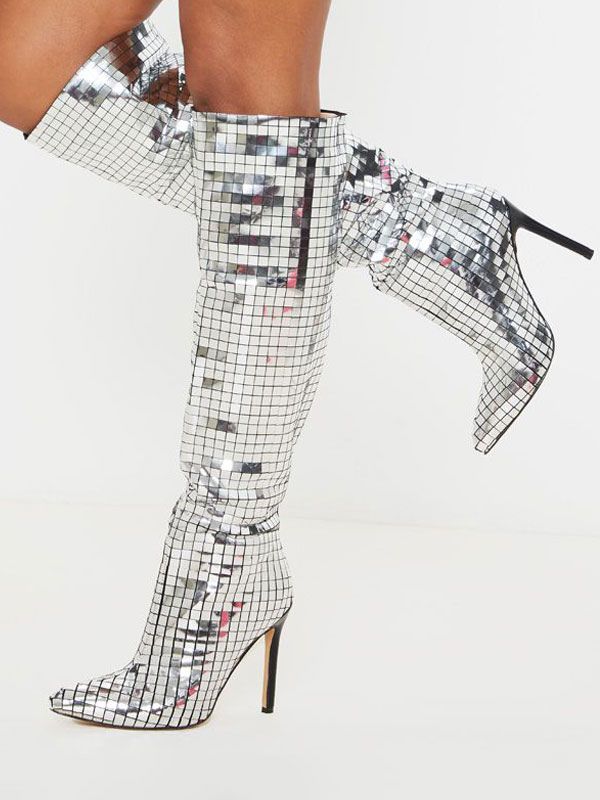 Women's Mirror Disco Ball Knee High Bright Leather Heeled Boots | Milanoo