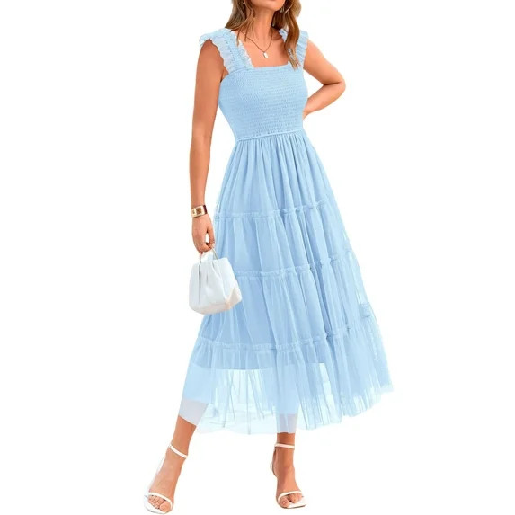 PRETTYGARDEN Women's Midi Tulle Dress Sleeveless Smocked Square Neck Ruffle Flowy Party Wedding G... | Walmart (US)