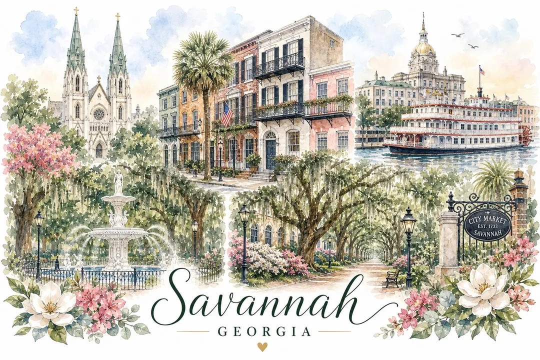Savannah Georgia Watercolor PNG | Savannah Travel Print | Southern Coastal Wall Art | Historic Sa... | Etsy (Global)