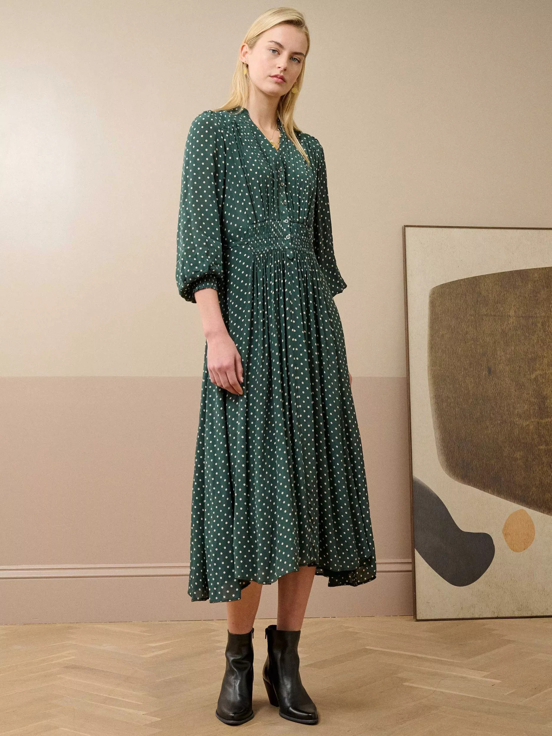 Brora Polka Dot Long Sleeve V Neck Fit & Flare Midi Dress | John Lewis (UK)