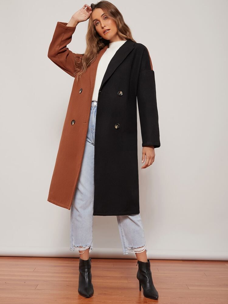 SHEIN Notched Collar Double Breasted Colorblock Pea Coat | SHEIN