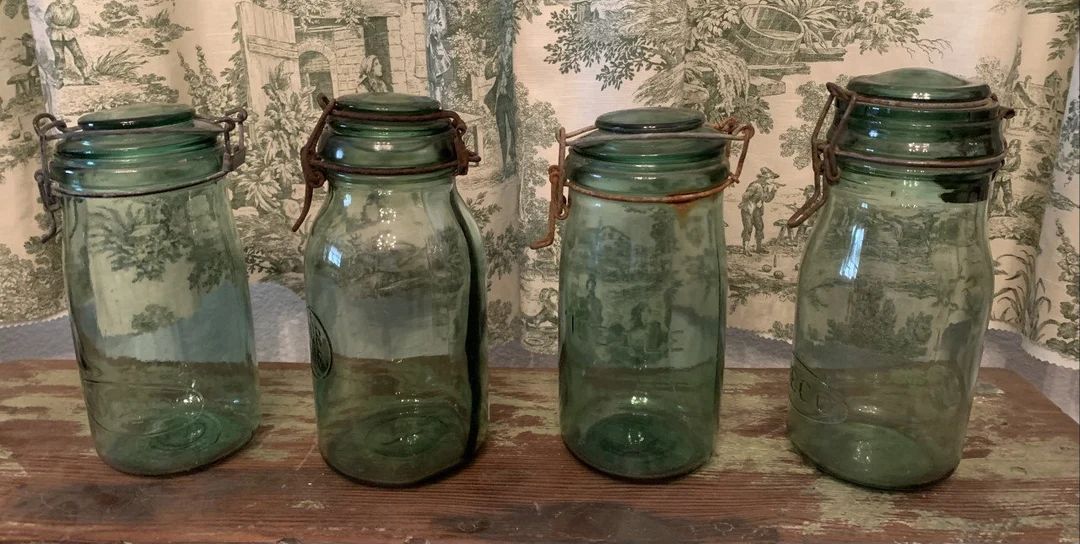 ONE Authentic Vintage French Thick Green Glass Canning Jar with Lid, 1 Litre with Wire Closure - ... | Etsy (US)