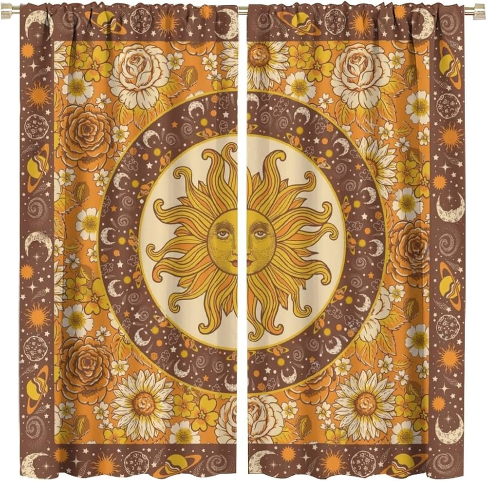 Sun Moon Curtains, Boho Stars Surrounding Sun Moon Pattern Print Curtains Nice Modern Art Curtain... | Amazon (US)