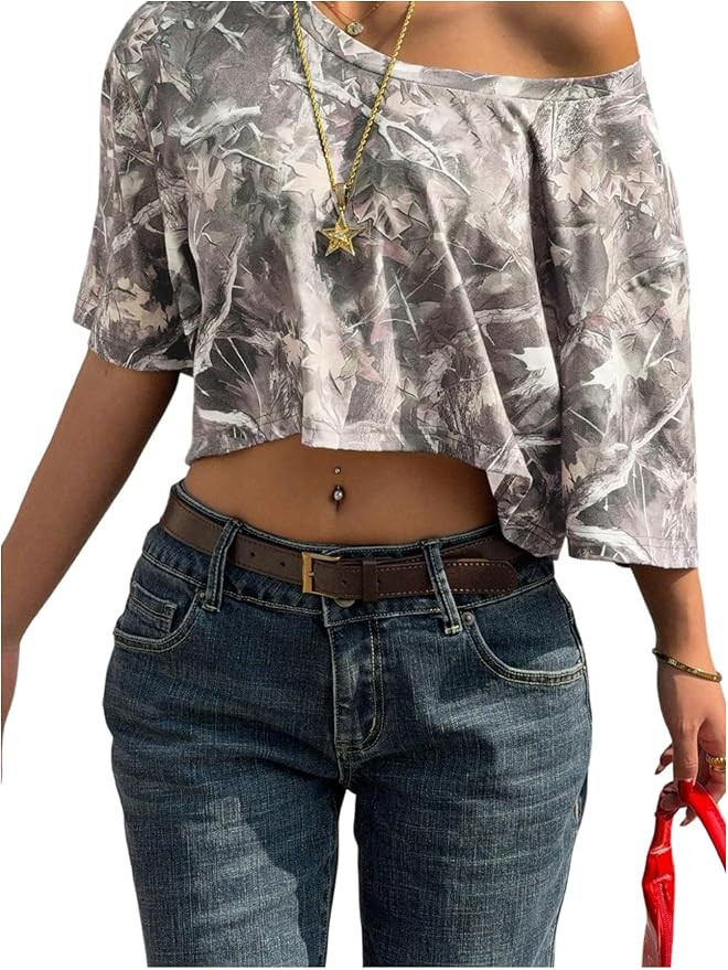 WDIRARA Women's Y2k Camo Print Off The Shoulder Crop Tee Top Short Sleeve Loose Fit T Shirts | Amazon (US)