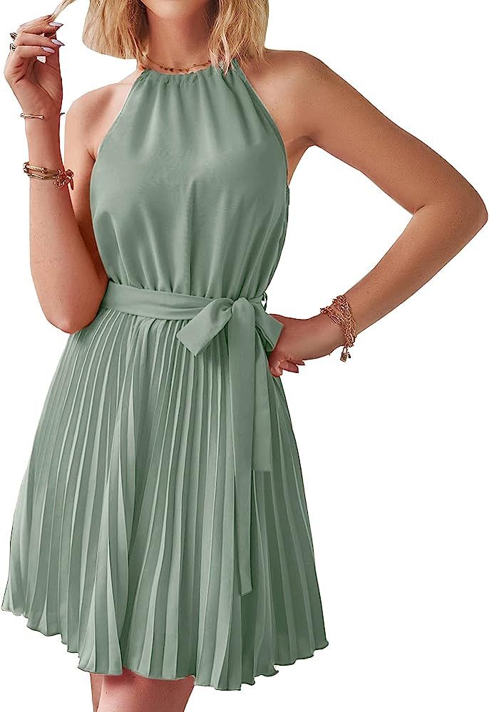 BTFBM Women 2023 Summer Casual Halter Neck A-Line Dress Sleeveless Belted Swing Pleated Cocktail ... | Amazon (US)