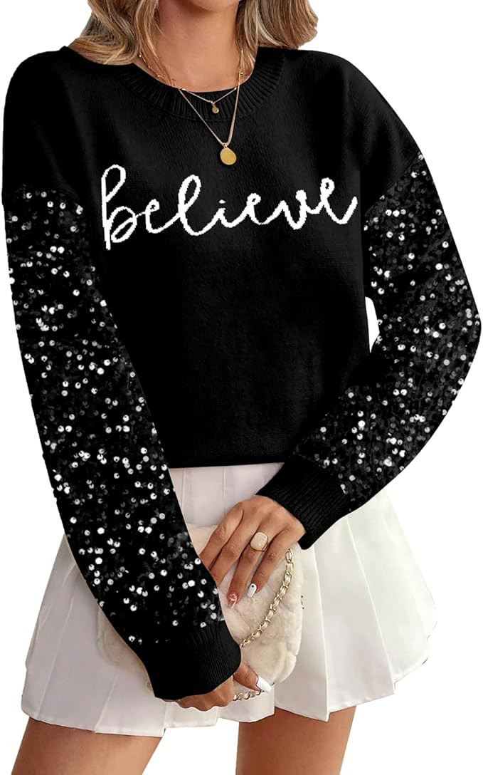 Christmas Sequin Sweater Womens Believe Christmas Sweatshirt Crewneck Long Sleeve Xmas Holiday Kn... | Amazon (US)