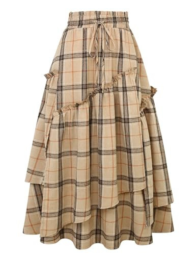 IDEALSANXUN Plaid Skirts for Women 2025 Fall Winter High Waisted A Line Flowy Asymmetrical Long Maxi Renaissance Skirt, Khaki, M | Amazon (US)