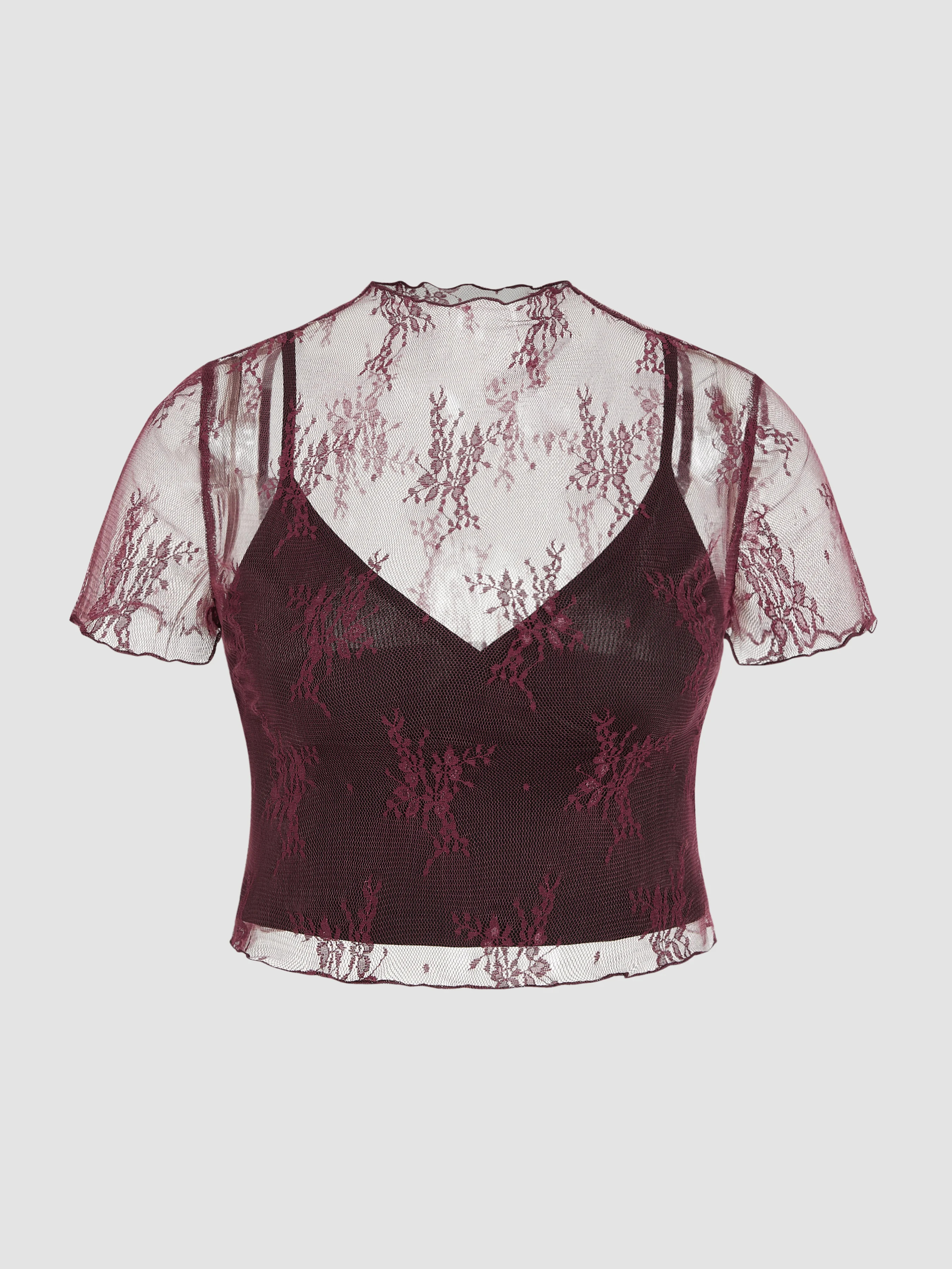 Mesh Jersey High Neck Lace Floral Top & Solid Cami Top Set Curve & Plus For Date Music Festival/L... | Cider
