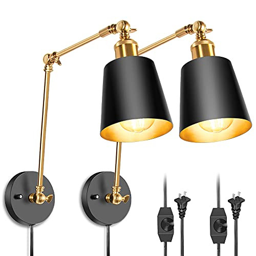Plug in Wall Sconces Set of 2, Swing Arm Wall Lamp with On/Off Switch Metal Black Vintage Industrial | Amazon (US)