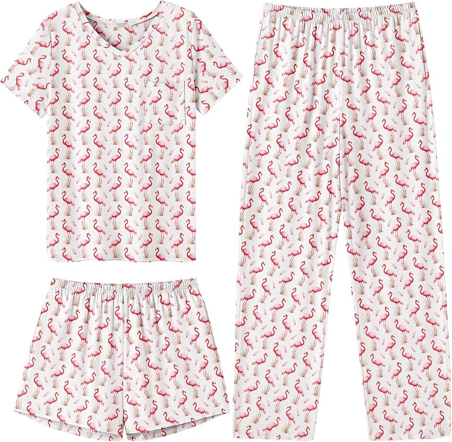 Ekouaer Women's 3 Piece Pajama Set Short Sleeve Sleepwear Pj Set Top and Shorts Pants Pjs with Po... | Amazon (US)