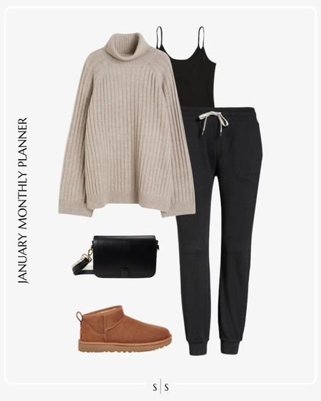 Monthly outfit planner: JANUARY: Winter looks | turtleneck oversized sweater, joggers, Ugg ultra mini boot, cami, flap crossbody 

Athleisure wear, active wear, loungewear, weekend outfit 

See the entire calendar on thesarahstories.com ✨ 

#LTKstyletip #LTKfitness