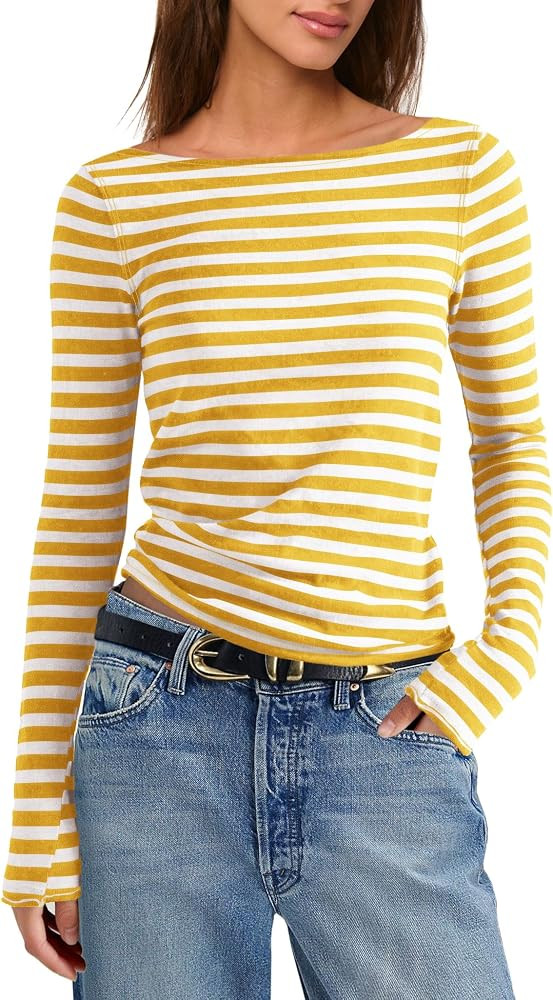 Womens Striped Long Sleeve Shirt Boat Neck Slim Fit Casual Undershirt Summer Fall Layering Going ... | Amazon (US)