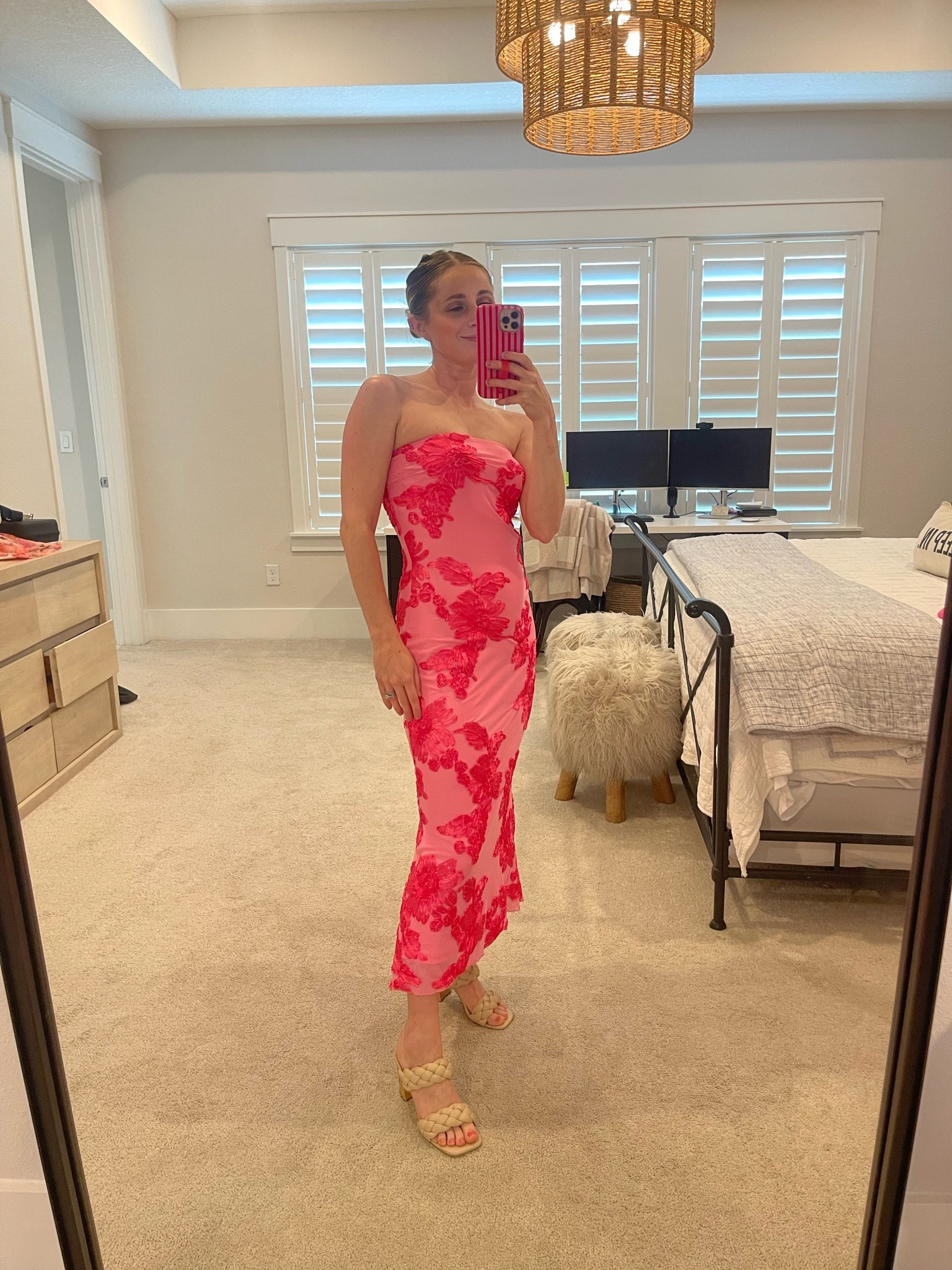Strapless pink floral midi dress with the prettiest fitted silhouette — perfect for weddings, bridal showers, vacation dinners, summer date nights & girls night out! Paired with neutral braided heels for an elevated feminine look 🌸 #LTKStyleTip #LTKWeddingGuest #PinkDress #FloralDress #WeddingGuestDress #SummerStyle #VacationOutfit #Barbiecore #MidiDress #DateNightLook #FeminineStyle 
#SpringFashion #LTKUnder100

#LTKPetite #LTKSeasonal
