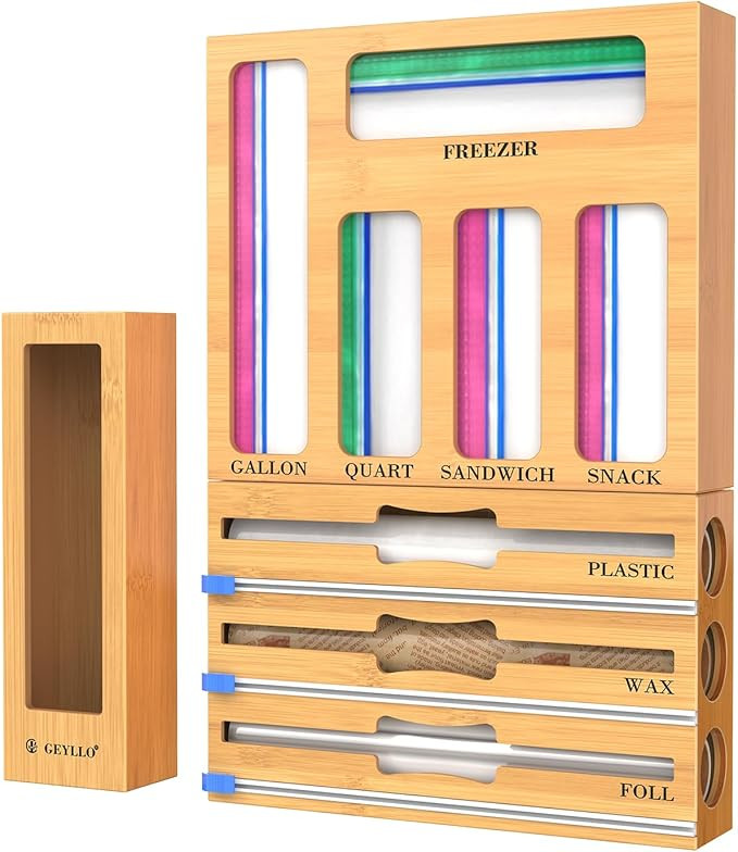9 In 1 Bamboo Foil & Plastic Wrap Organizer for Kitchen Drawer, Plastic Bag Organizer Organizatio... | Amazon (US)