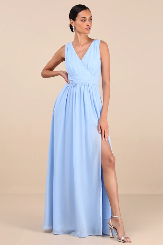 Thoughts of Hue Light Blue Surplice Maxi Dress Blue Bridesmaid Dress Blue Outfits Summer Dress 2025 | Lulus