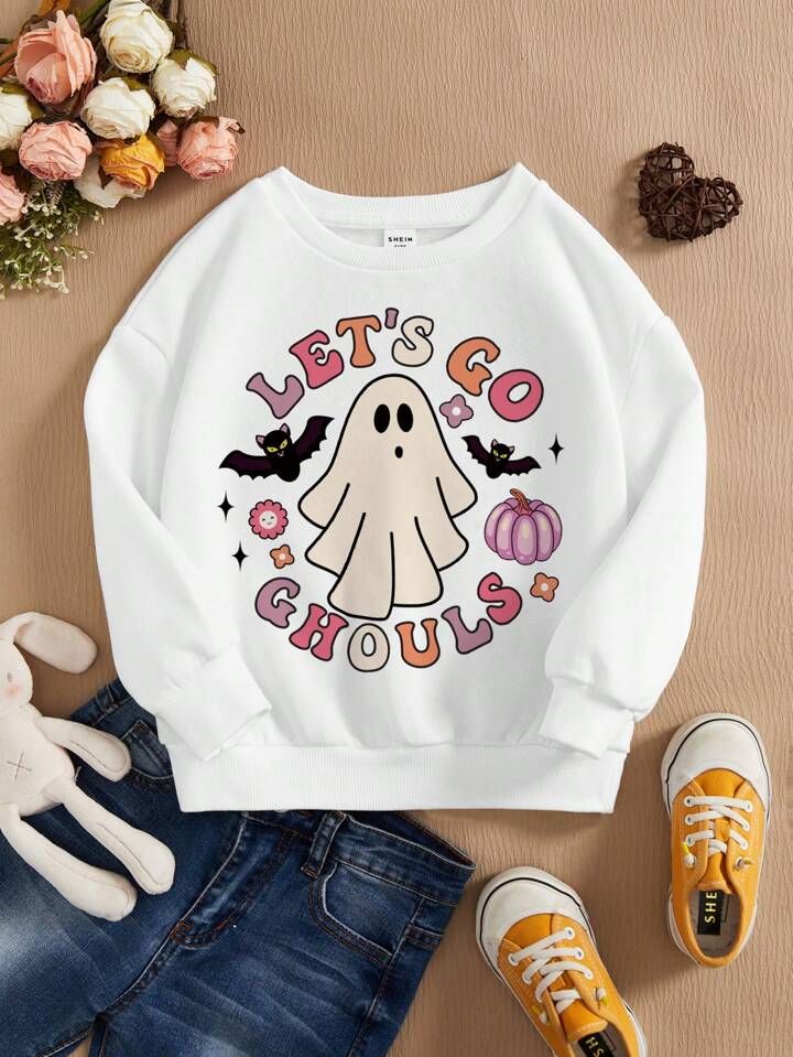 Tween Girl Slogan & Halloween Print Drop Shoulder Sweatshirt | SHEIN