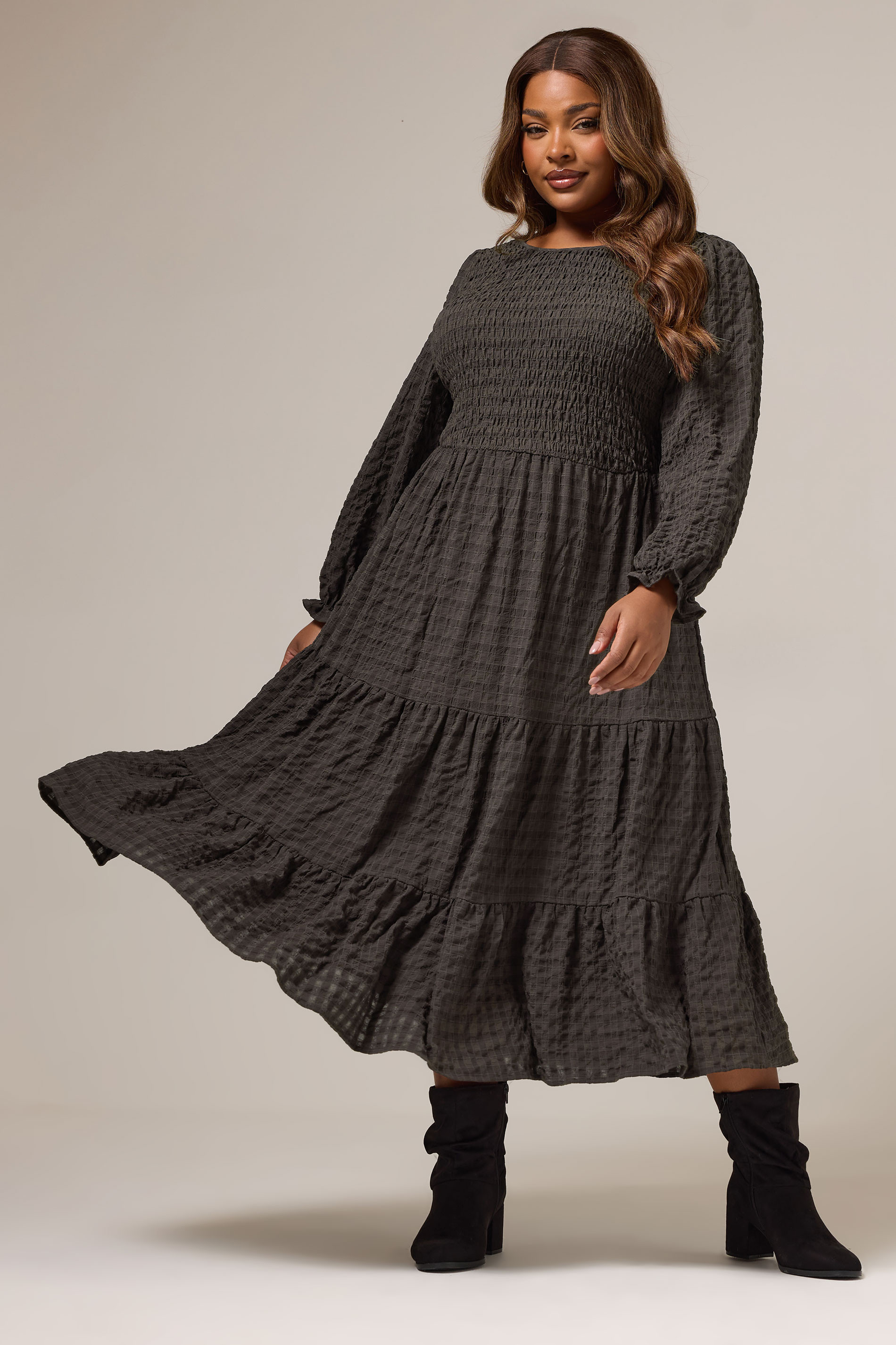 YOURS Plus Size Brown Textured Tiered Maxi Dress | Yours Clothing UK