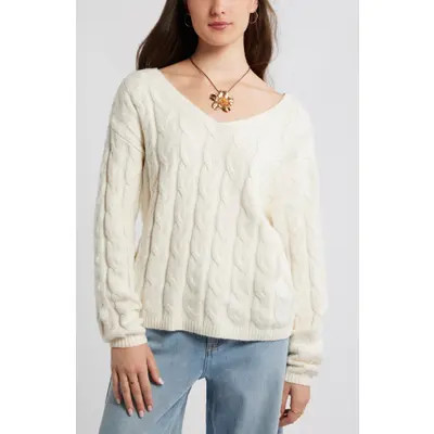 BP. Cable Knit V-Neck Cotton Blend Sweater in Pink Primrose at Nordstrom, Size Large | Nordstrom