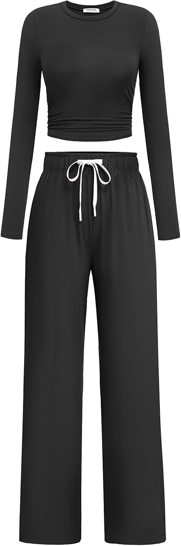 PINSPARK Women 2 Piece Lounge Set Long Sleeve Cropped Top Wide Leg Pants with Pockets 2024 Fall O... | Amazon (US)