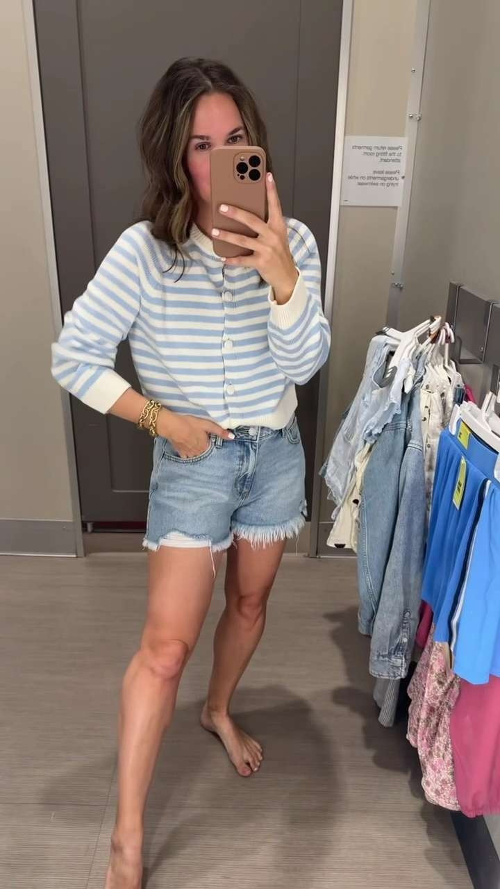 I’m obsessed with these Target shorts and keep resharing them! ✨ Paired with this adorable blue stripe cardigan that’s perfect for spring- also comes in maroon. 

 #LTKgrwm #LTKootd #LTKSeasonal