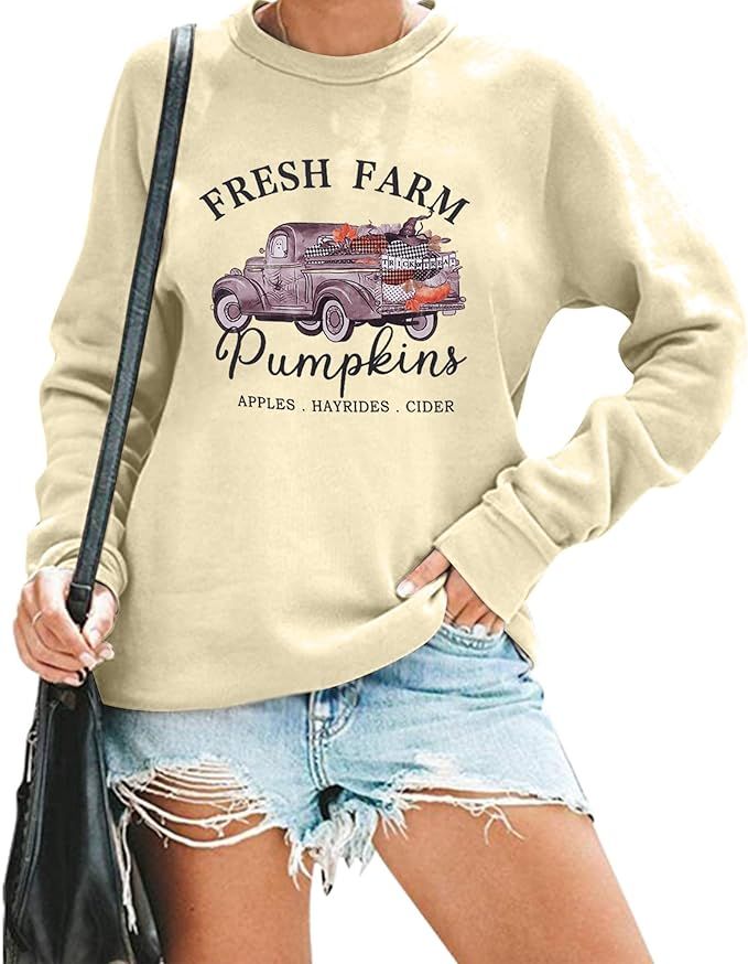 KIDDAD Fall Sweatshirt Women Farm Fresh Pumpkins Apples Hayrides Cider Sweatshirt Halloween Pullo... | Amazon (US)