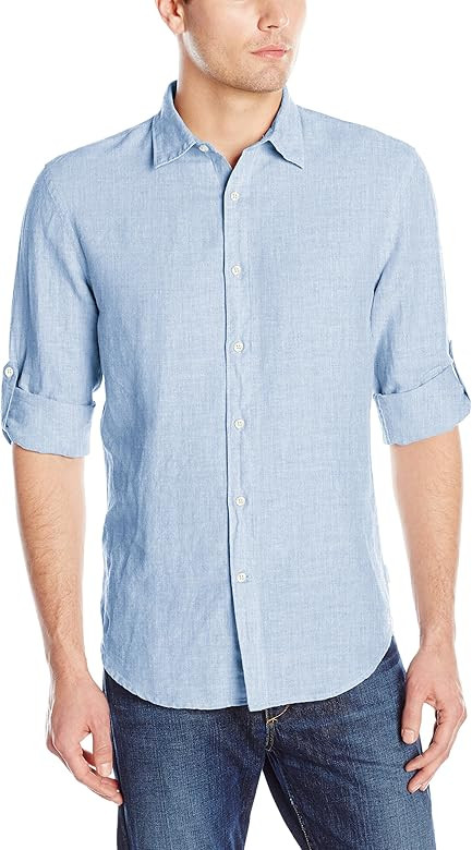 Perry Ellis Men's Roll Sleeve Solid Linen Cotton Button-Down Shirt (Size Small-Xx-Large) | Amazon (US)