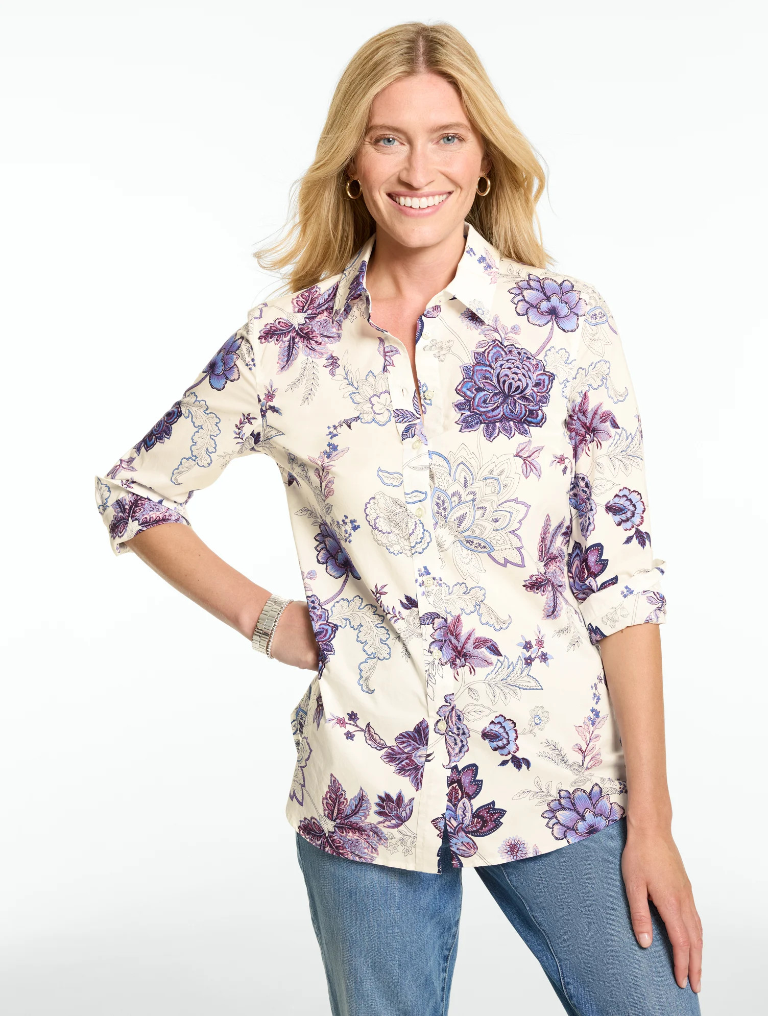 Petite - Modern Classic Shirt - Etched Toile - Ivory - Large - 100% Cotton Talbots | Talbots