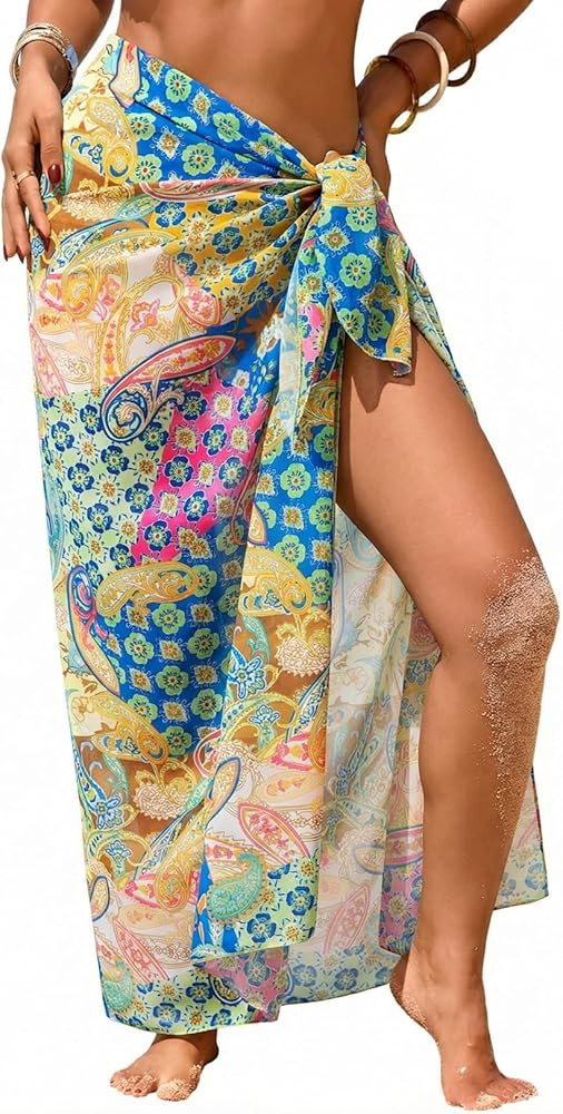 Herseas Women Sheer Sarong High Slit One Size Swimsuit Coverups 2026 Summer Floral Print Chiffon ... | Amazon (US)