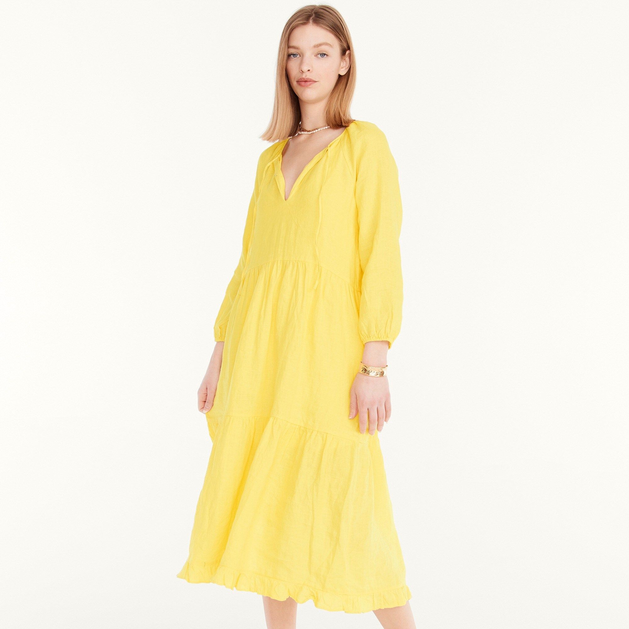 Long-sleeve tiered dress in linen | J.Crew US