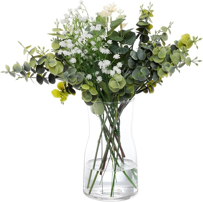 Faux Flowers with Vase, Artificial Flowers Fake Eucalyptus Leaves Flowers Bouquet Artificial Whit... | Amazon (US)
