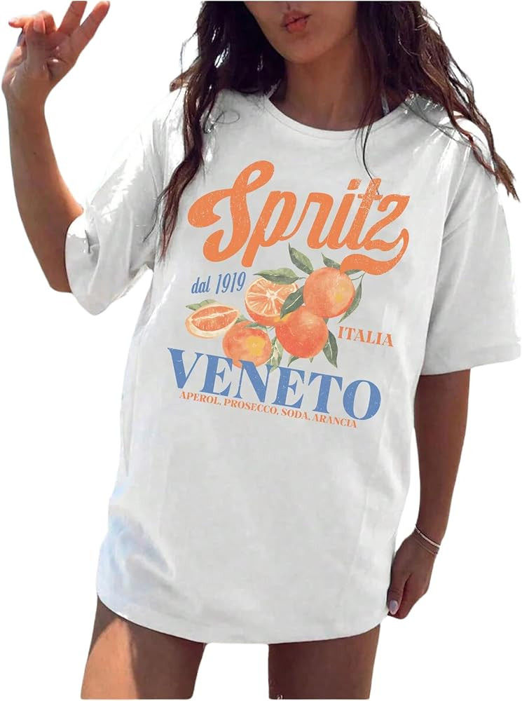 SweatyRocks Women's Oversized Vintage Italian Graphic Tee Casual Round Neck Short Sleeve Letter P... | Amazon (US)