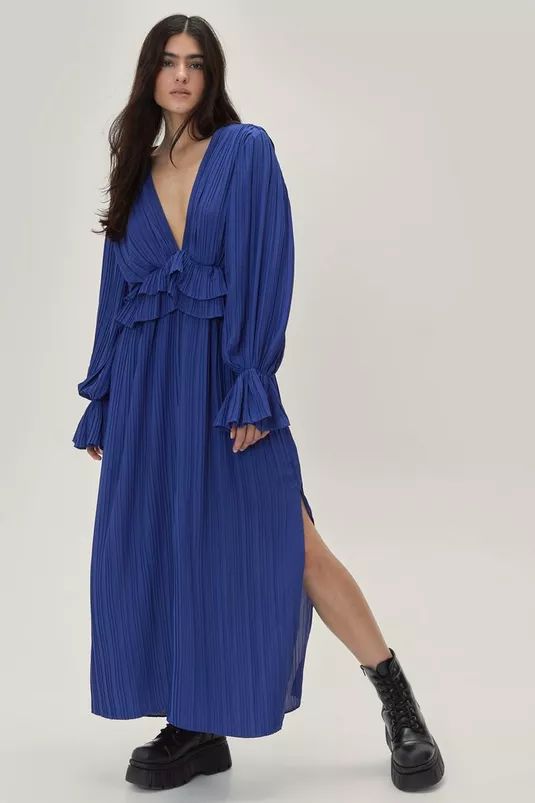 Ruffle Plunging Pleated Maxi Dress | Nasty Gal (US)