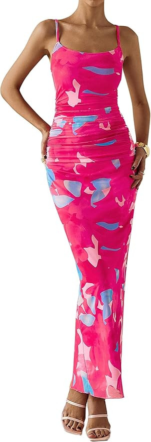 PRETTYGARDEN Wedding Guest Dresses for Women 2025 Summer Trendy Floral Spaghetti Strap Ruched Mes... | Amazon (US)