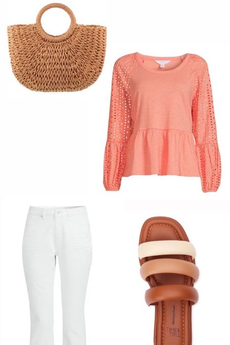 Spring outfit idea! White pants, scrappy sandals, straw purple, eyelet top! Spring shirt, spring top 