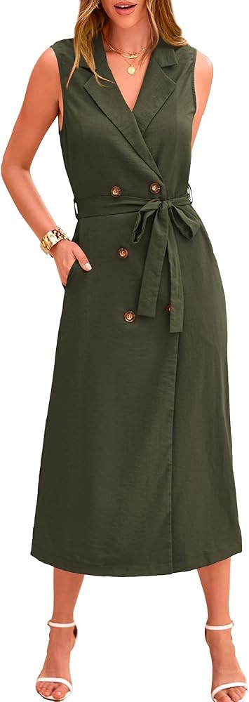 BTFBM Casual Business Dress 2024 Summer Work Office Lapel V Neck Slit Belted Sleeveless Button Do... | Amazon (US)