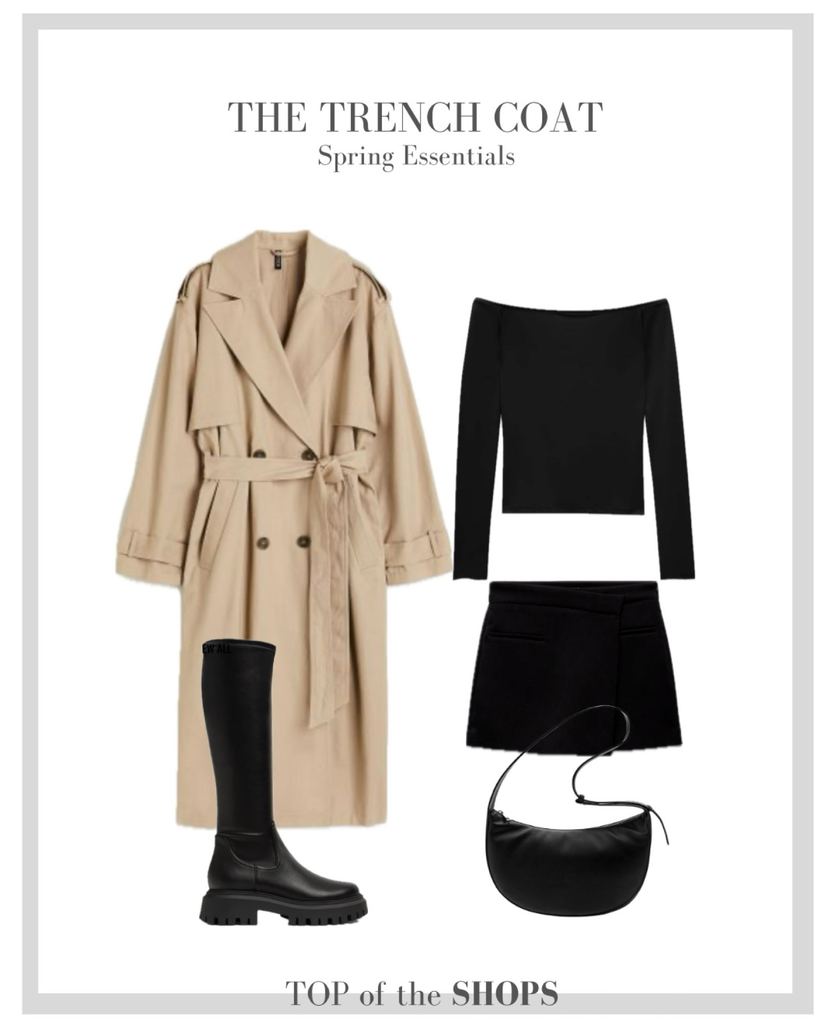 Spring Style, Spring Outfit Inspiration, Trench Coat, High Street Trench Coats, H&M, & Other Stories, Mango, Wardrobe Staple, Capsule Wardrobe, black skorts, off the shoulder black top, knee high boots, cross body bag 

#LTKstyletip #LTKSeasonal #LTKeurope