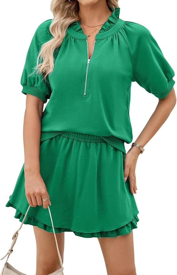 SHEWIN Two Piece Sets for Women Half Zip Up Puff Short Sleeve Tops and Ruffled Shorts Lounge Set ... | Amazon (US)