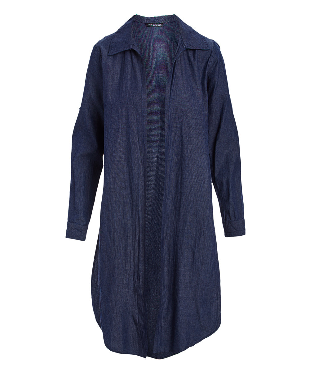 Thread Story Women's Blouses DENIM - Denim Chambray Open Cardigan - Women | Zulily